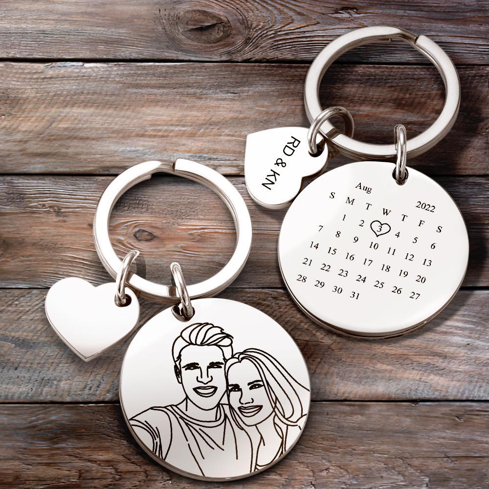 Custom Line Art Photo Engraved Keychain Date Save Keychain Significant Date Marker Custom Anniversary Gifts - soufeelmy