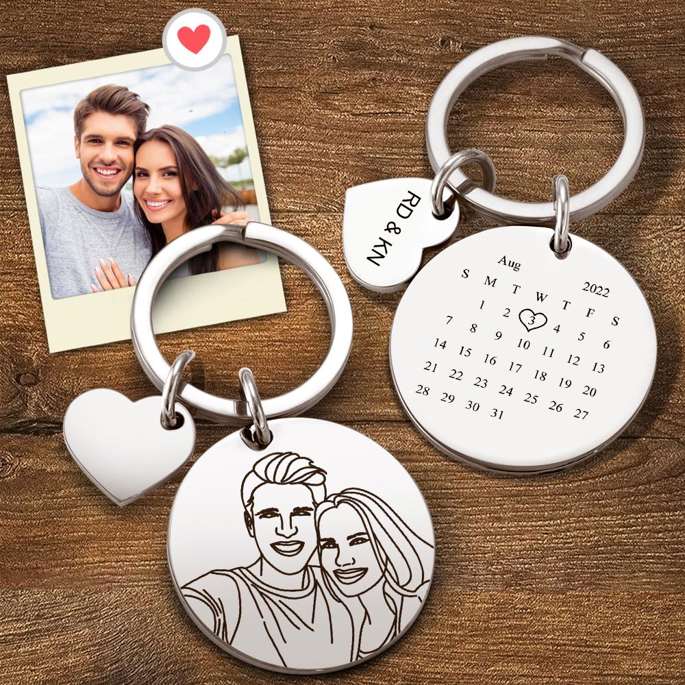 Custom Line Art Photo Engraved Keychain Date Save Keychain Significant Date Marker Custom Anniversary Gifts - soufeelmy