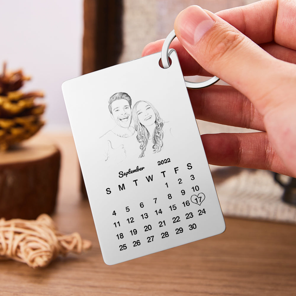 Custom Photo Engraved Keychain Calendar Keychain Personalized Keychain Wedding Anniversary Gift - soufeelmy