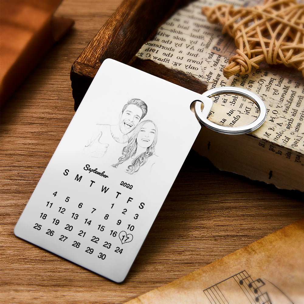 Custom Photo Engraved Keychain Calendar Keychain Personalized Keychain Wedding Anniversary Gift - soufeelmy