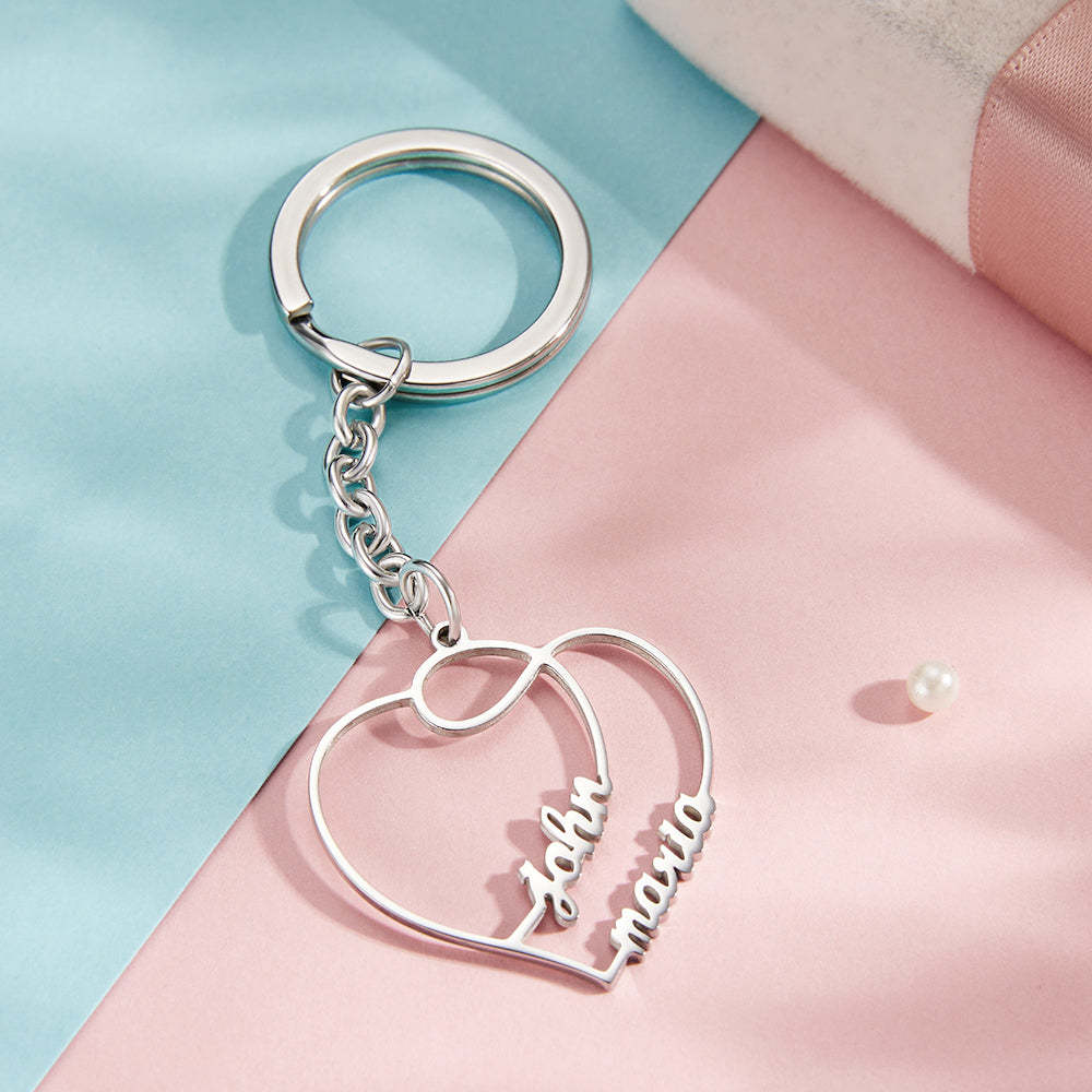 Personalized Two Names Double Heart Keychain Custom Letters Metal Key Ring for Couples - soufeelmy