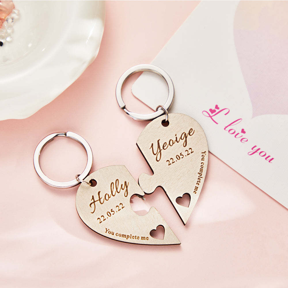Custom Engraved Keychain Personalized Heart-shaped Wooden Jigsaw Keyring Romantic Gift - soufeelmy