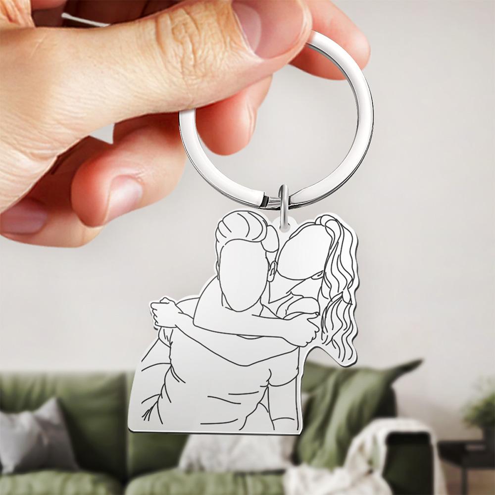 Custom Hand-drawing Engraved Keychain Stainless Steel Memorial Gifts Line Art Gift for Him - soufeelmy