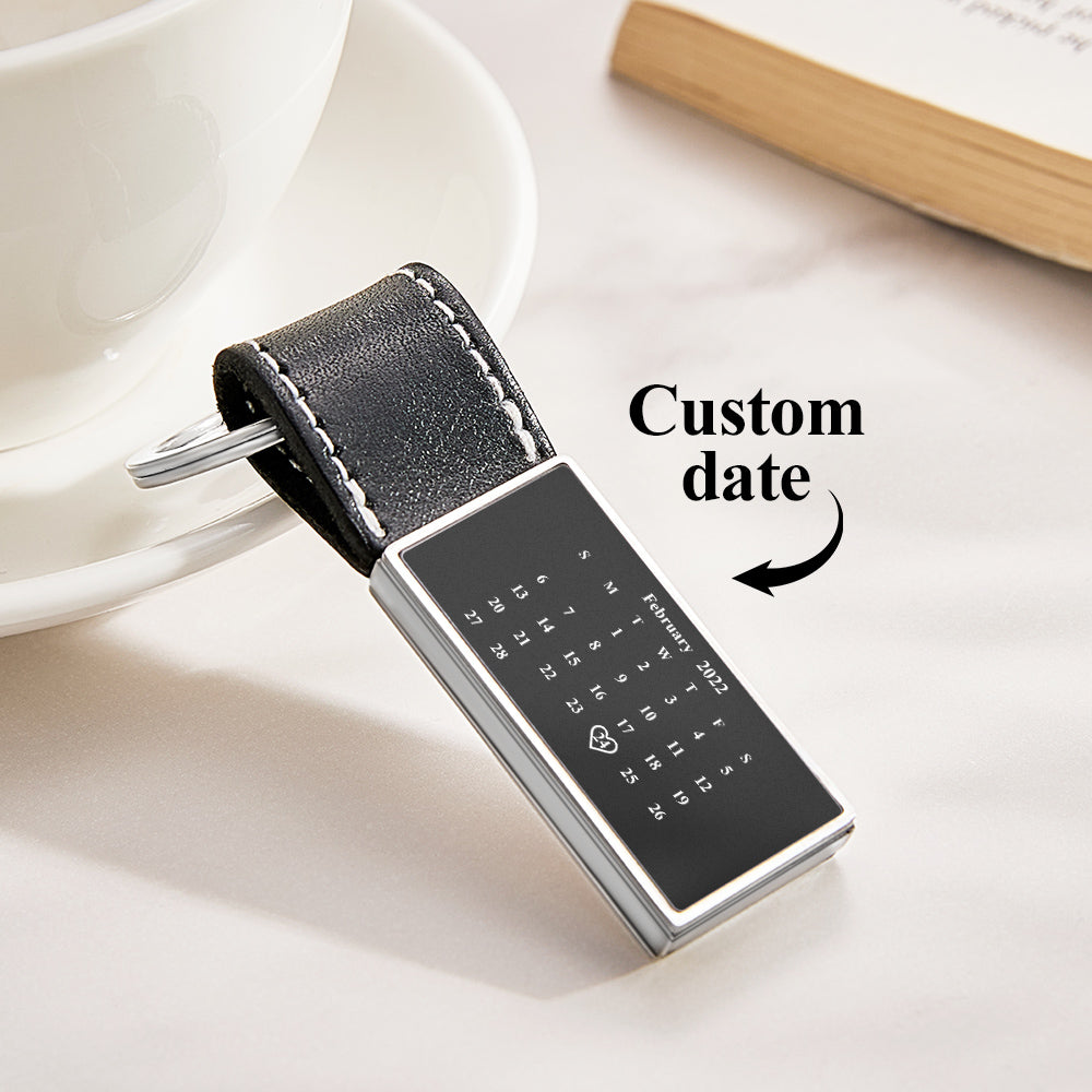 Personalized Calendar Leather Keychain Custom Date Unique Keyring Anniversary Gift - soufeelmy