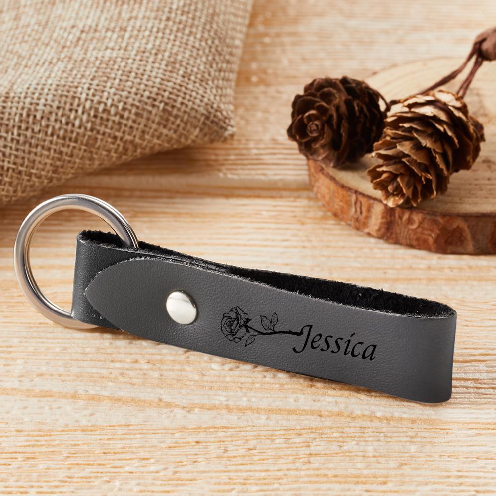 Custom Name Leather Keychain Personalised Rose Key Chain Memorial Gifts for Her - soufeelmy