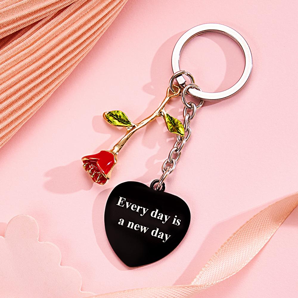 Personalized Rose Pendant Heart Keychain Elegant Flower Key Ring for Her - soufeelmy