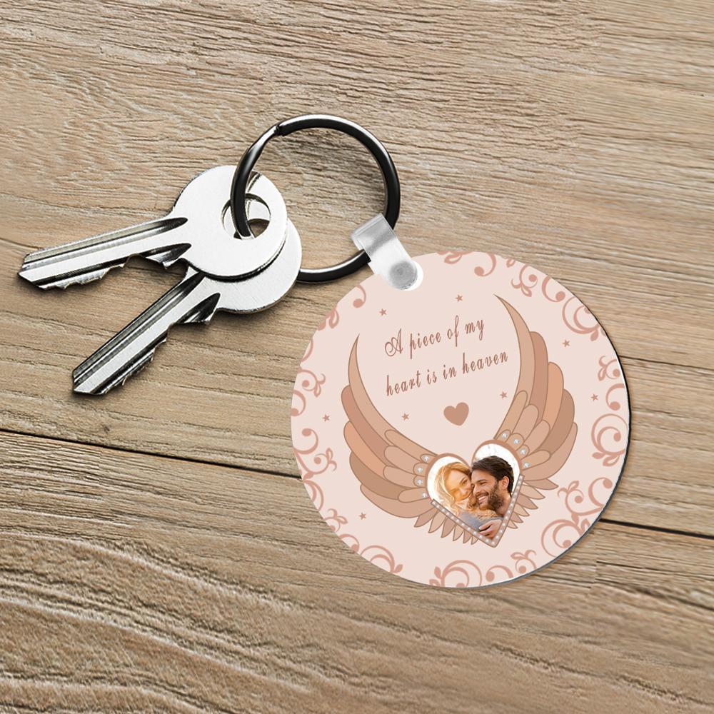 Custom Photo Engraved Keychain Round Memorial Pink Angel Wings Photo Keychain - soufeelmy