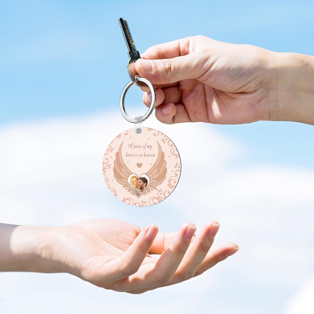 Custom Photo Engraved Keychain Round Memorial Pink Angel Wings Photo Keychain - soufeelmy