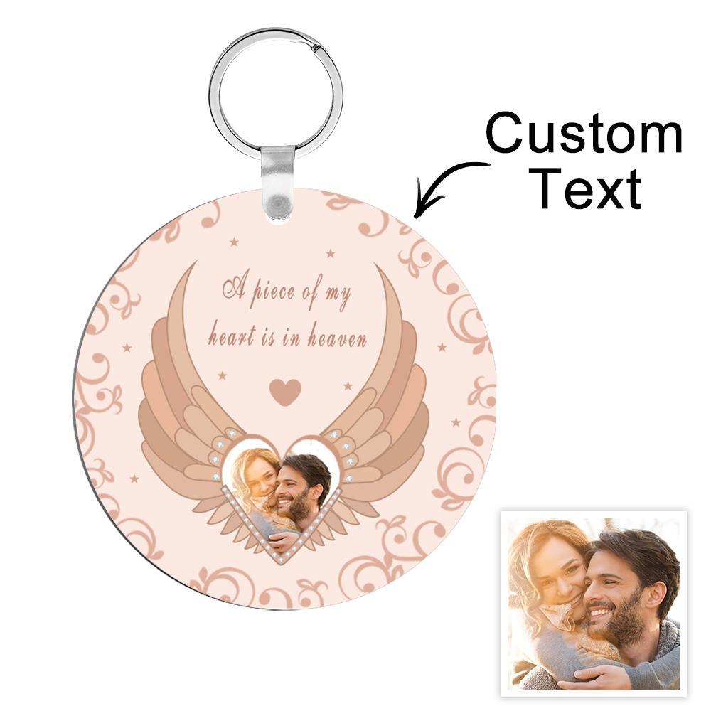 Custom Photo Engraved Keychain Round Memorial Pink Angel Wings Photo Keychain - soufeelmy