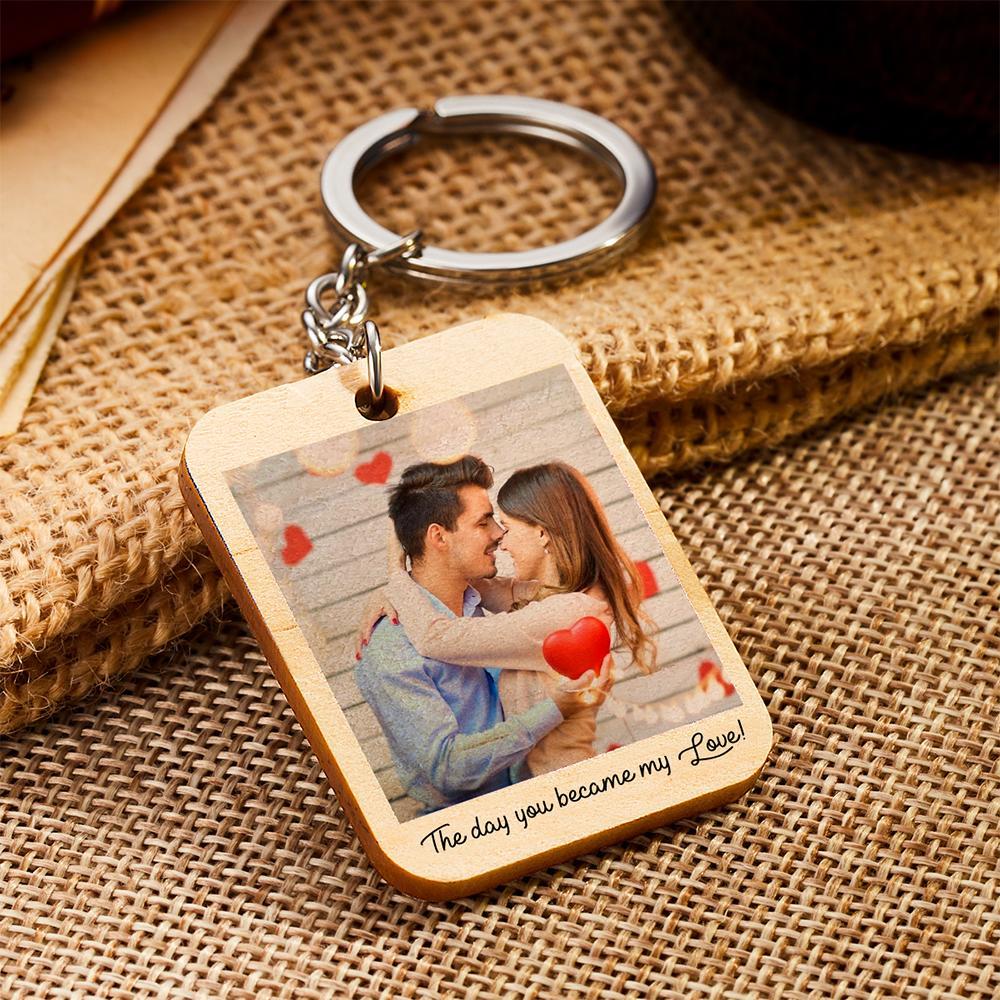 Custom Keychain, Personalized Photo and Date Wooden Key Ring Gift For Him - 