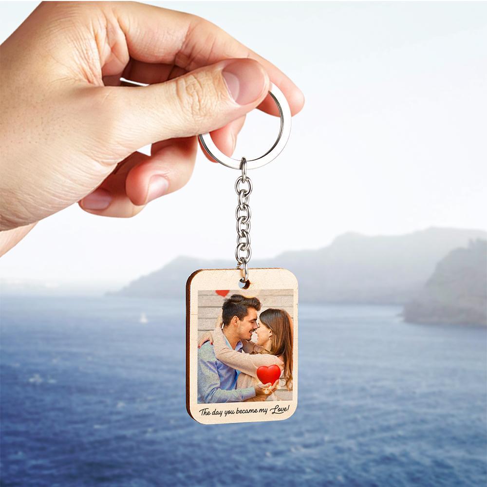 Custom Keychain, Personalized Photo and Date Wooden Key Ring Gift For Him - 