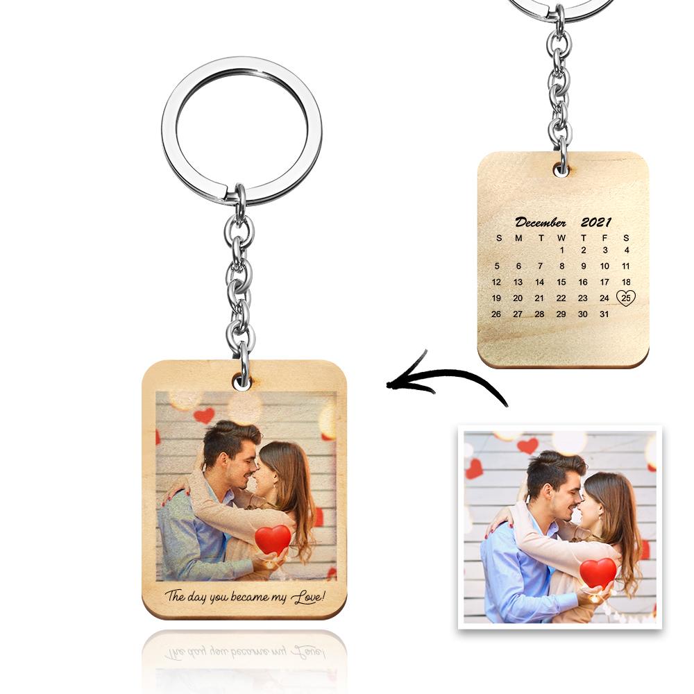 Custom Keychain, Personalized Photo and Date Wooden Key Ring Gift For Him - 