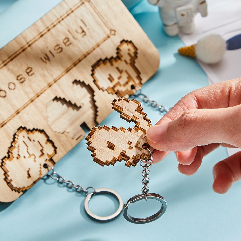 Custom Engraved Wooden Pixel Keychain for Family Gifts -