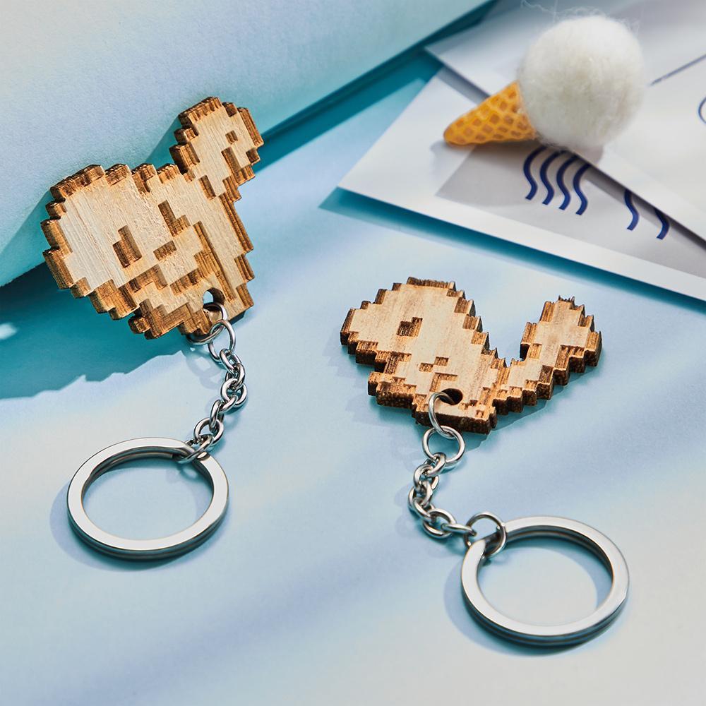 Custom Engraved Wooden Pixel Keychain for Family Gifts -