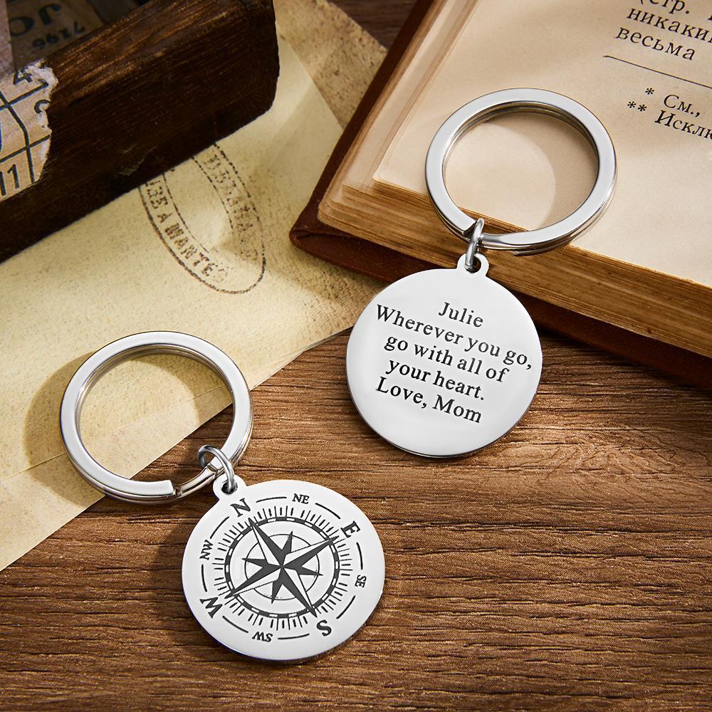 Custom Engraved Compass Keychain Personalized Key Ring Mother's Day Gift -