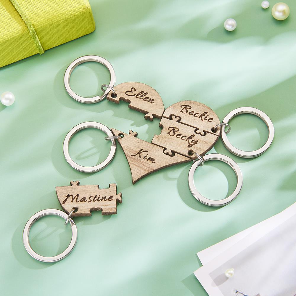 Custom Engraved Five Piece Heart Name Jigsaw Keychain Wooden Key Ring - 