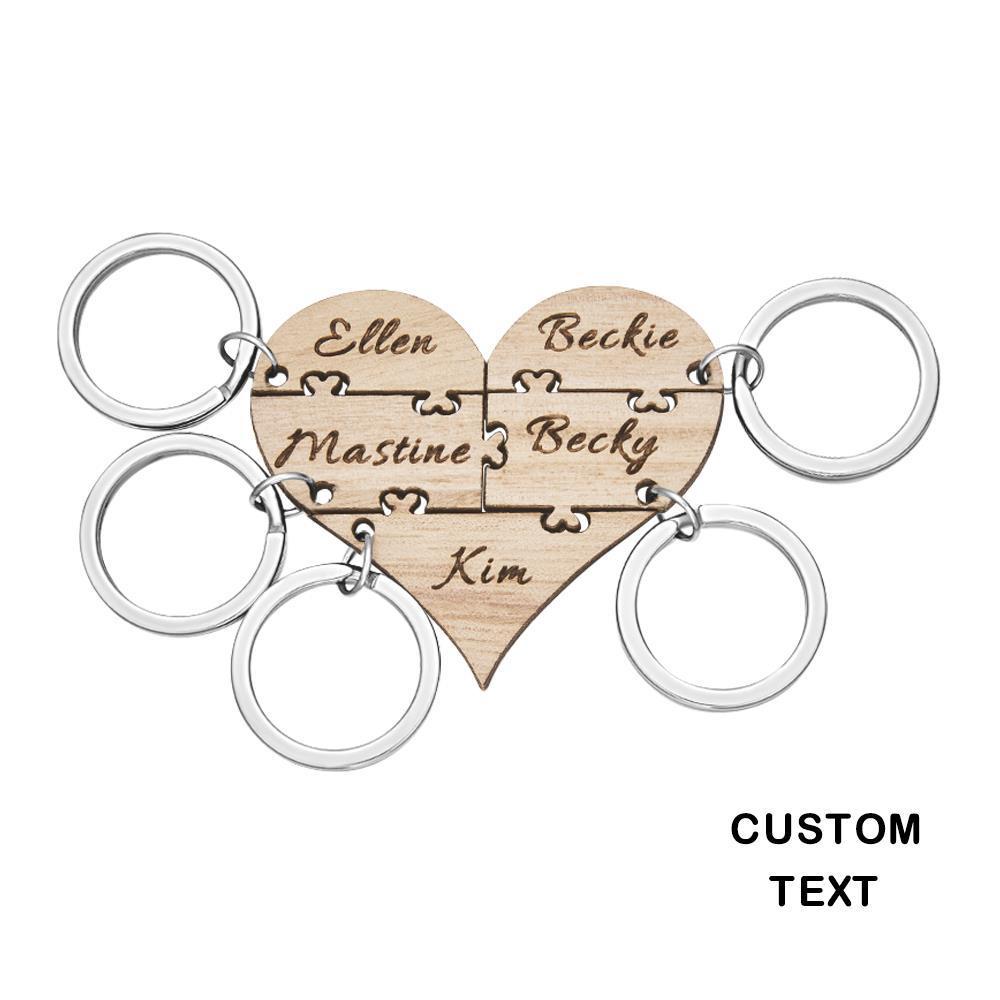Custom Engraved Five Piece Heart Name Jigsaw Keychain Wooden Key Ring -