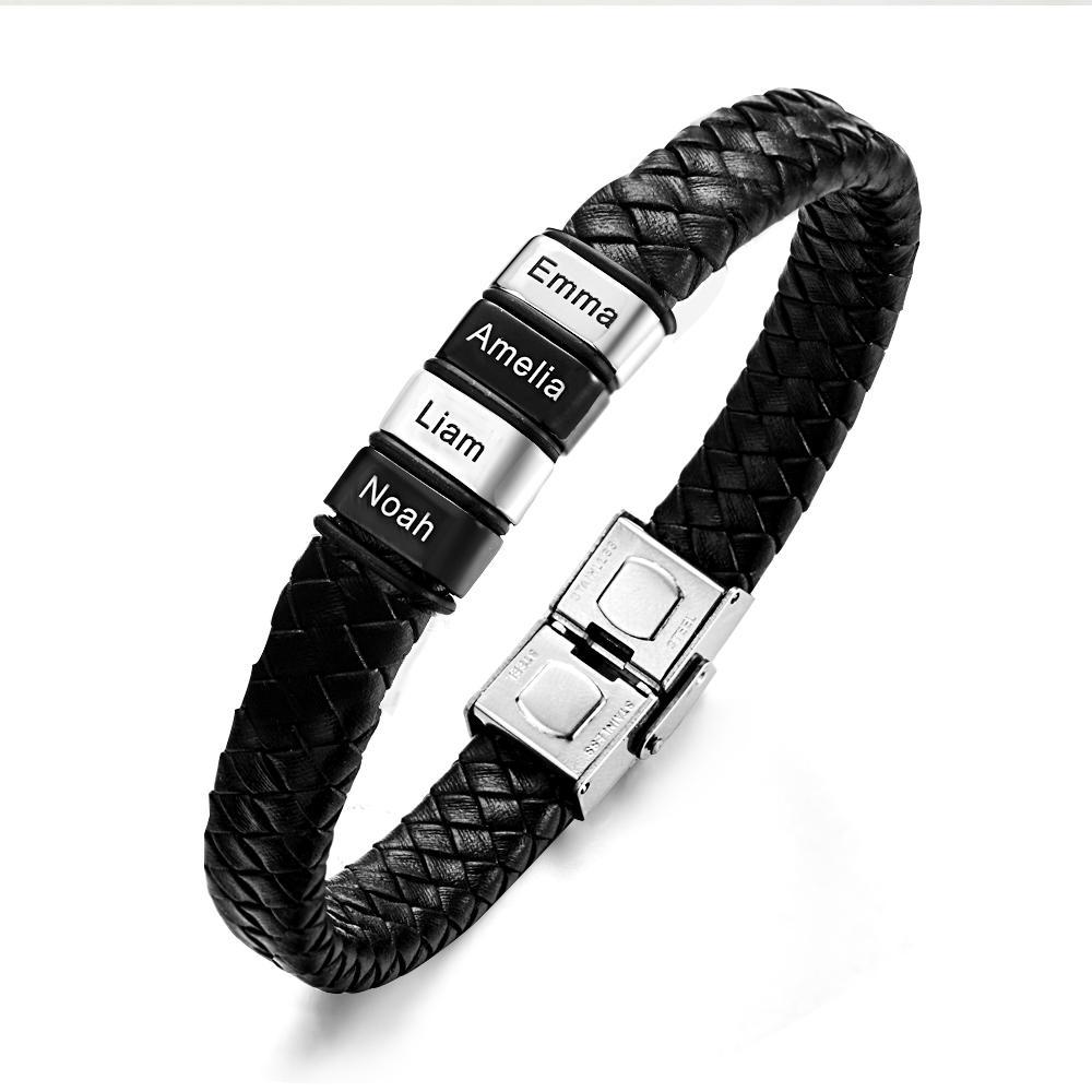 Engraved with 2-6 Names Leather and Steel Bracelets Anniversary Gift for Husband - soufeelmy