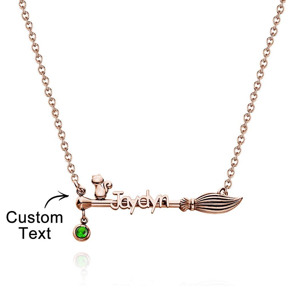 Broom And Cat Birthstone Necklace Personalized Name Necklace Gifts For Her - soufeelmy