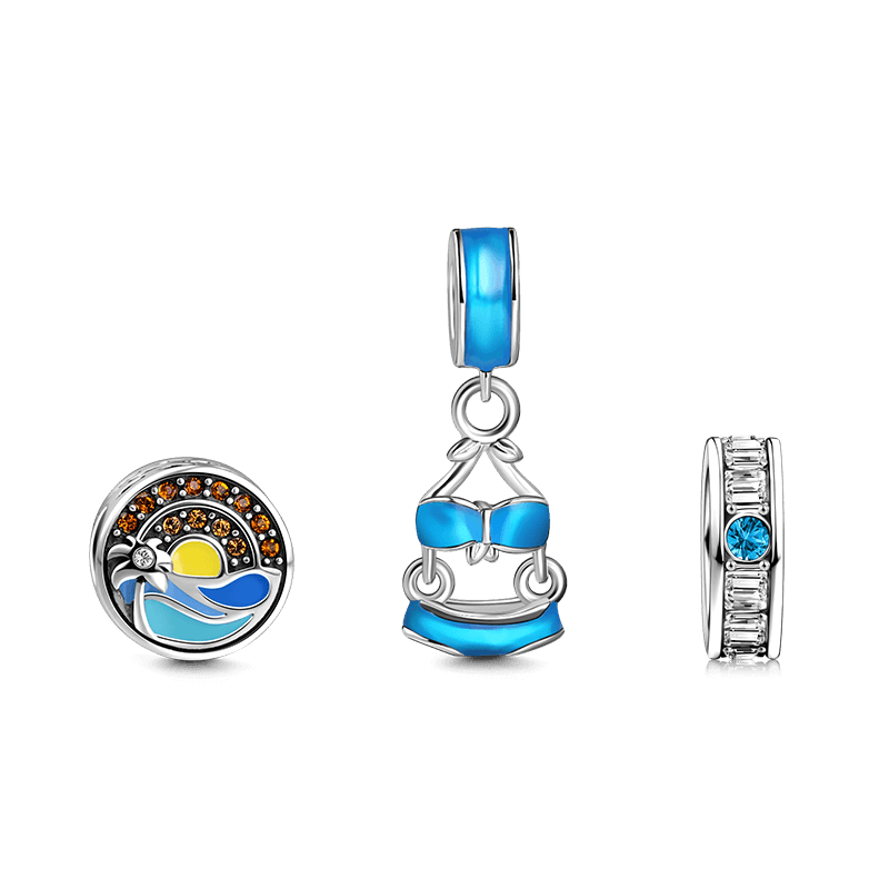 Tropical Beach Charm Set of 3 Silver - 