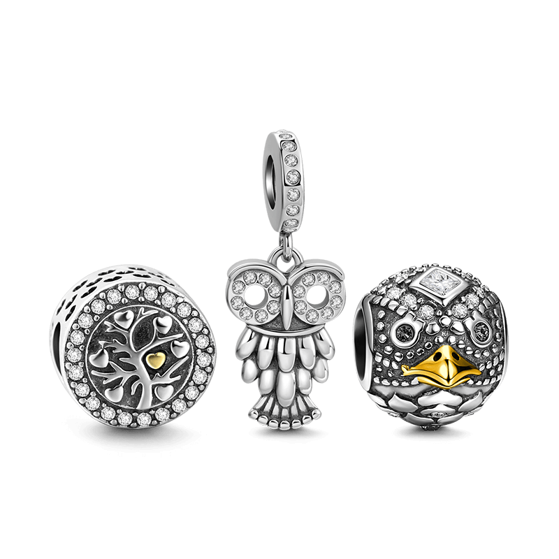 Sagacious Owl Charm Set of 3 Silver - soufeelus