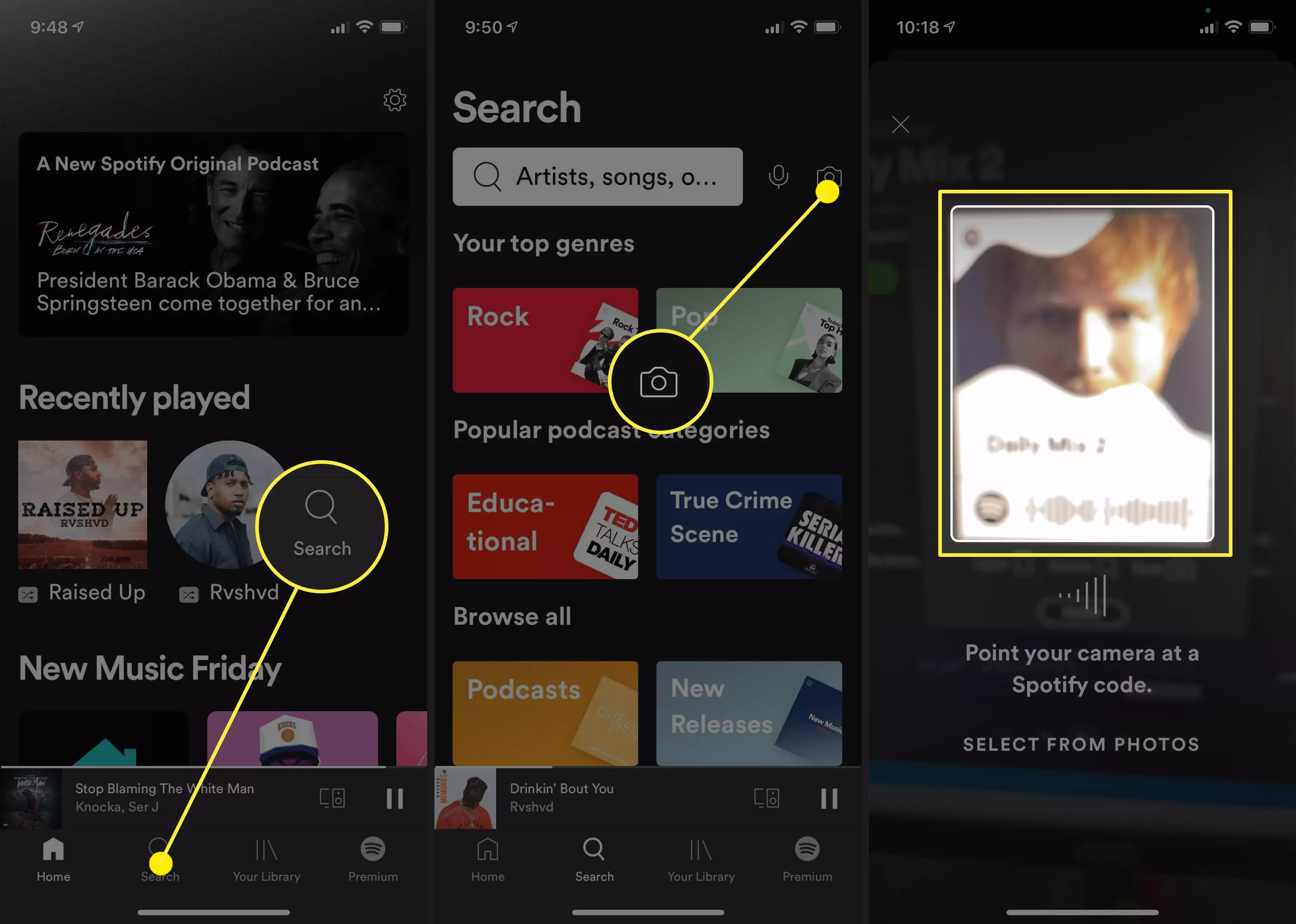 Screenshots of the Spotify app calling out how to scan a Song Code.