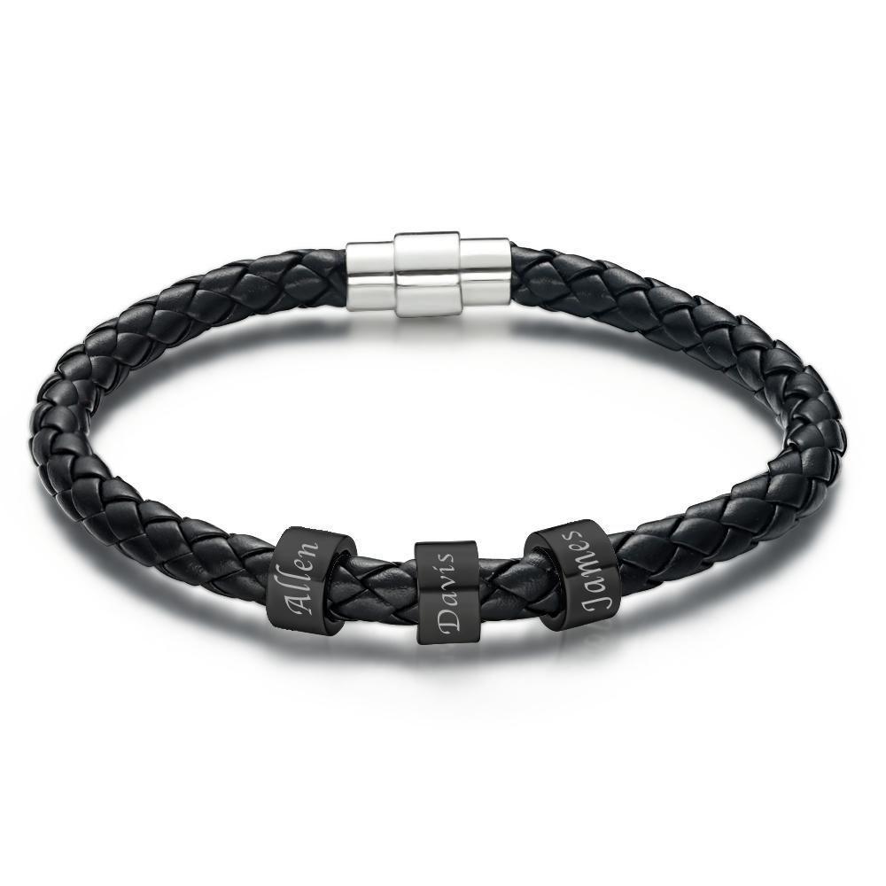 Men's Leather Bracelet Custom Names Men Bracelet with Engraved Beads Name Bracelet Unique Gifts 1-6 Charms - 