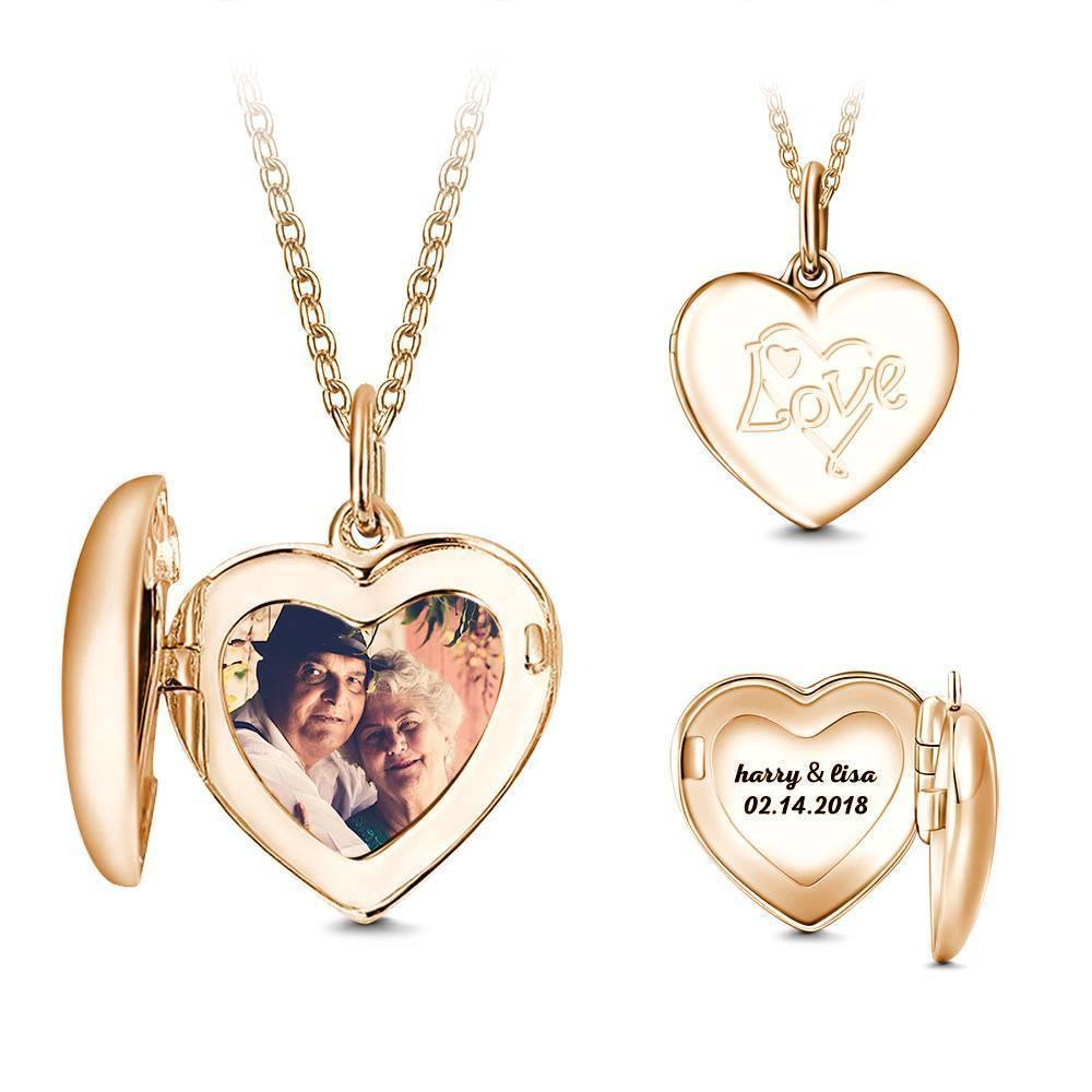 Heart Engraved Photo Necklace Rose Gold Plated - soufeelus