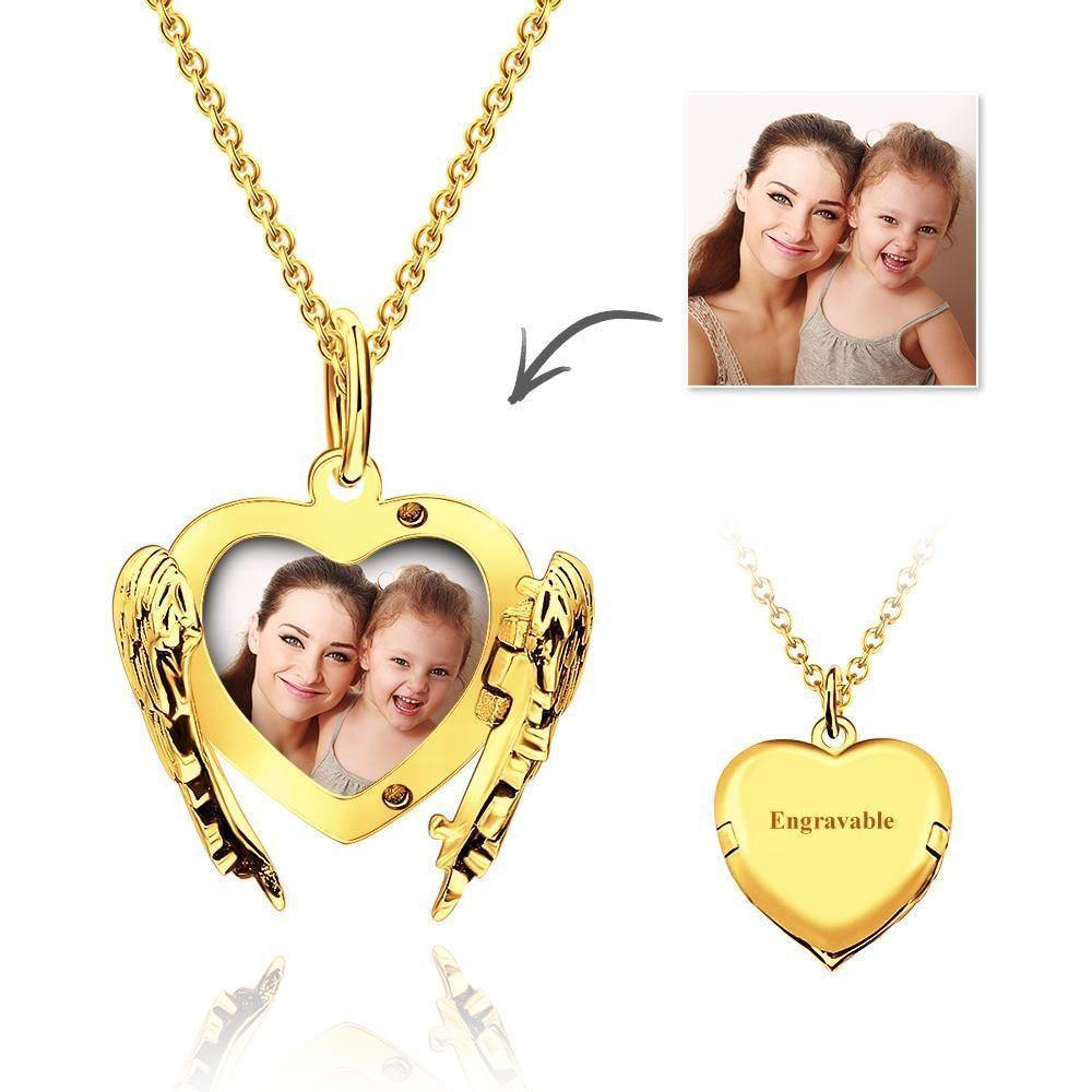 Engravable Photo Locket Necklace Personalized Heart Angel Wings Sterling Silver Gift For Mom - soufeelmy