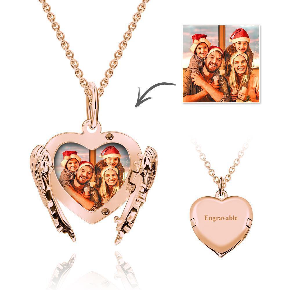 Engravable Photo Locket Necklace Heart Angel Wings for Girlfriend Gold Plated - soufeelus