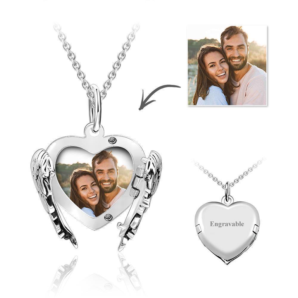 Engravable Photo Locket Necklace Heart Angel Wings for Girlfriend Gold Plated - soufeelus