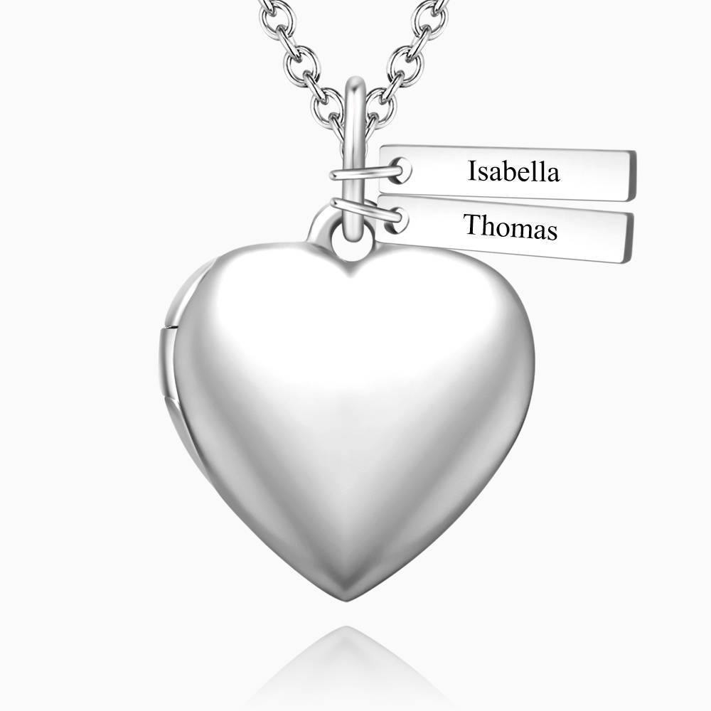 Heart Photo Locket Necklace with Two Engraved Bars Platinum Plated - soufeelus