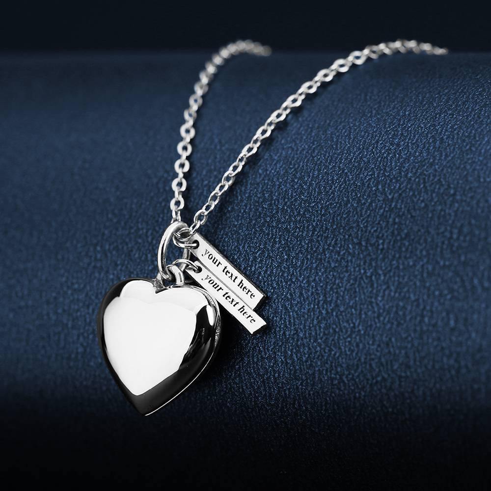 Heart Photo Locket Necklace with Two Engraved Bars Platinum Plated - soufeelus