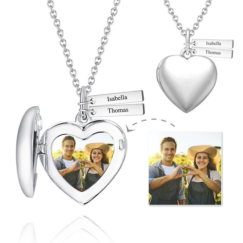 Heart Photo Locket Necklace with Two Engraved Bars Platinum Plated - soufeelus