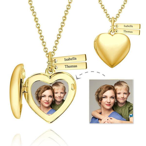 Mothers Day Gift - Heart Photo Locket Necklace with Two Engraved Bars 14k Gold Plated - 