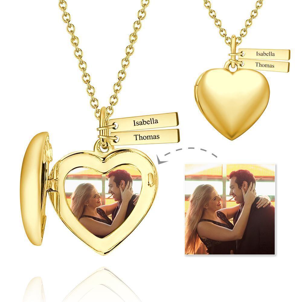 Heart Photo Locket Necklace with Two Engraved Bars Platinum Plated - soufeelus
