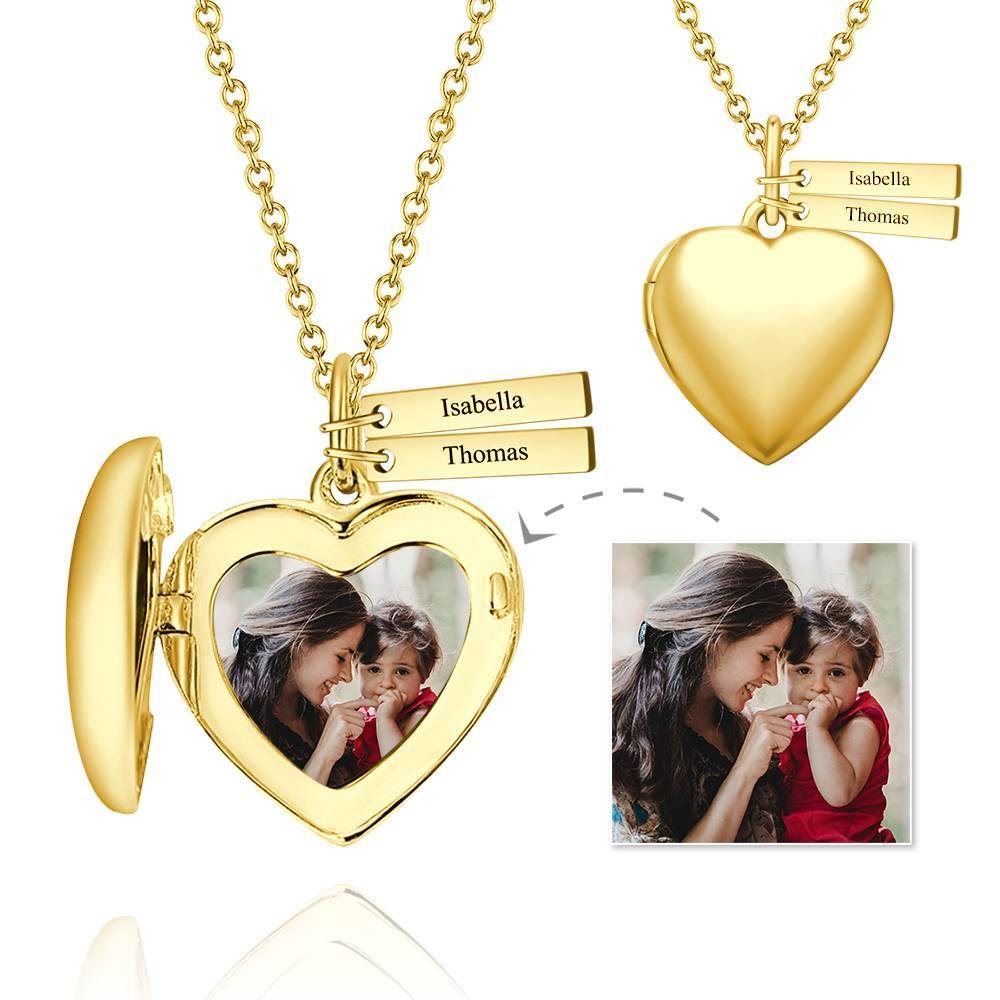 Mothers Day Gift - Heart Photo Locket Necklace with Two Engraved Bars 14k Gold Plated - 