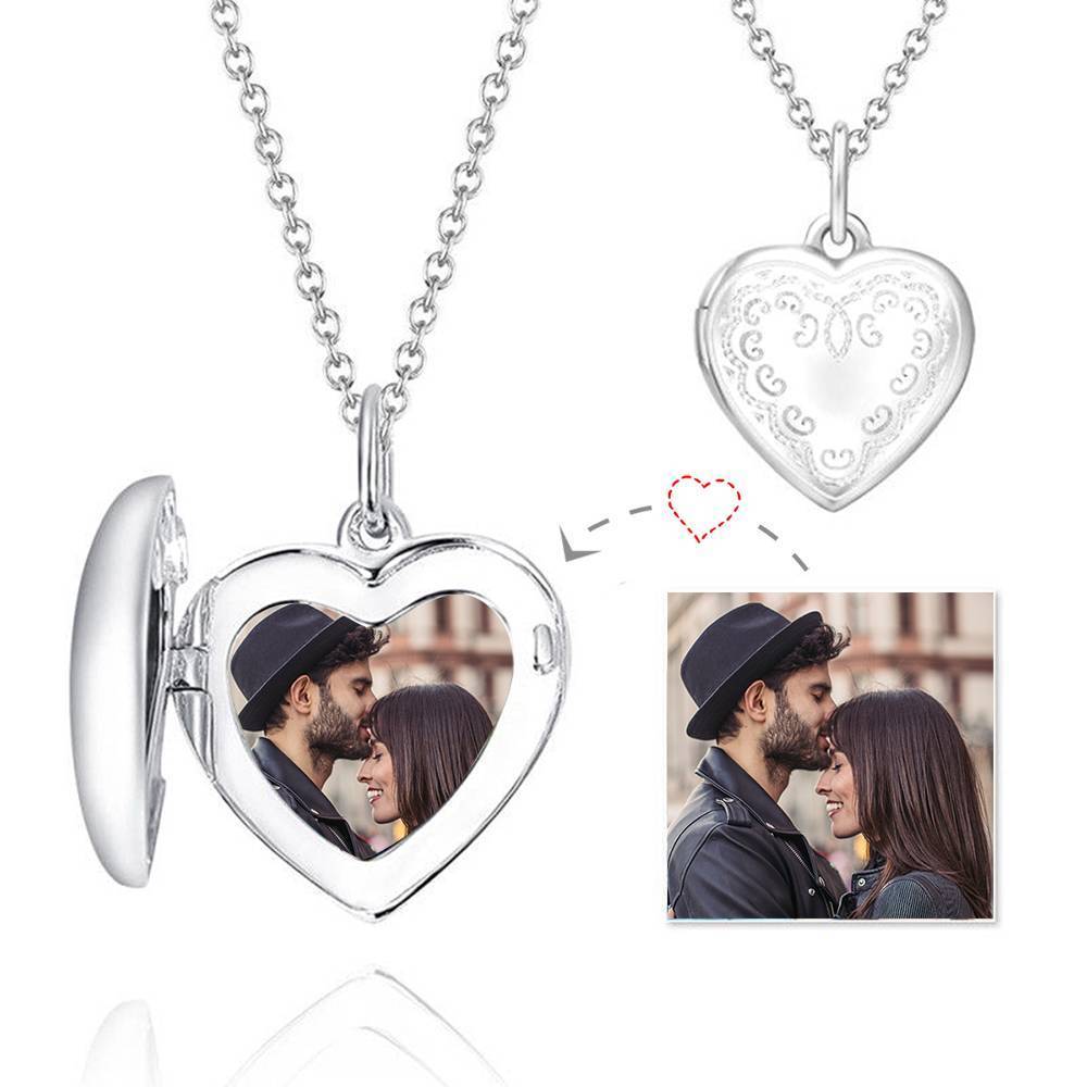 Embossed Printing Heart Photo Locket Necklace With Engraving Platinum Plated