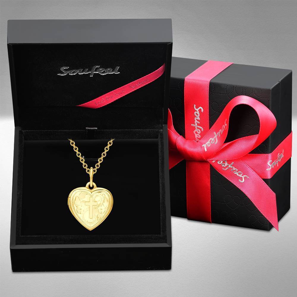 Cross Printing Heart Photo Locket Necklace With Engraving 14k Gold Plated