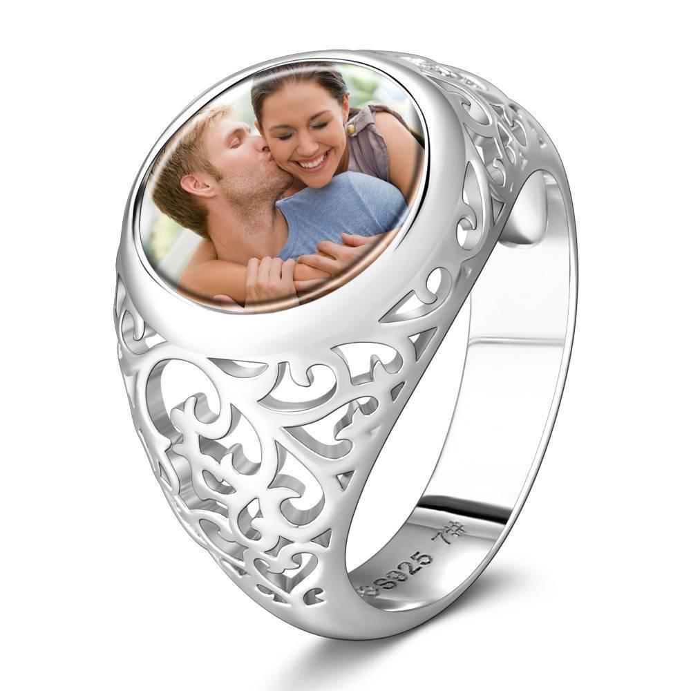 Round Photo Ring Silver Couple Gift