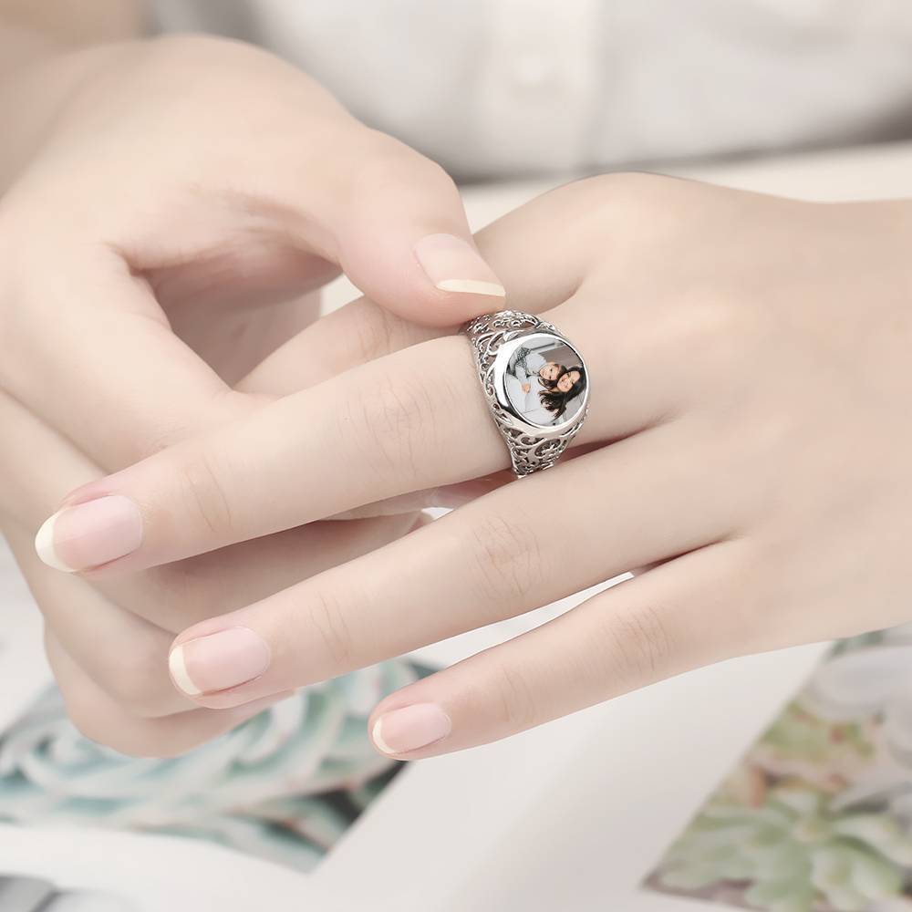 Photo Ring Round Shaped Silver Mother S Gift