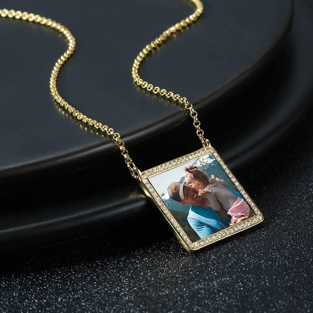 Photo Engraved Necklace Rhinestone Crystal Square Shape Photo Necklace 14K Plated Gold Golden - Colorful - soufeelus