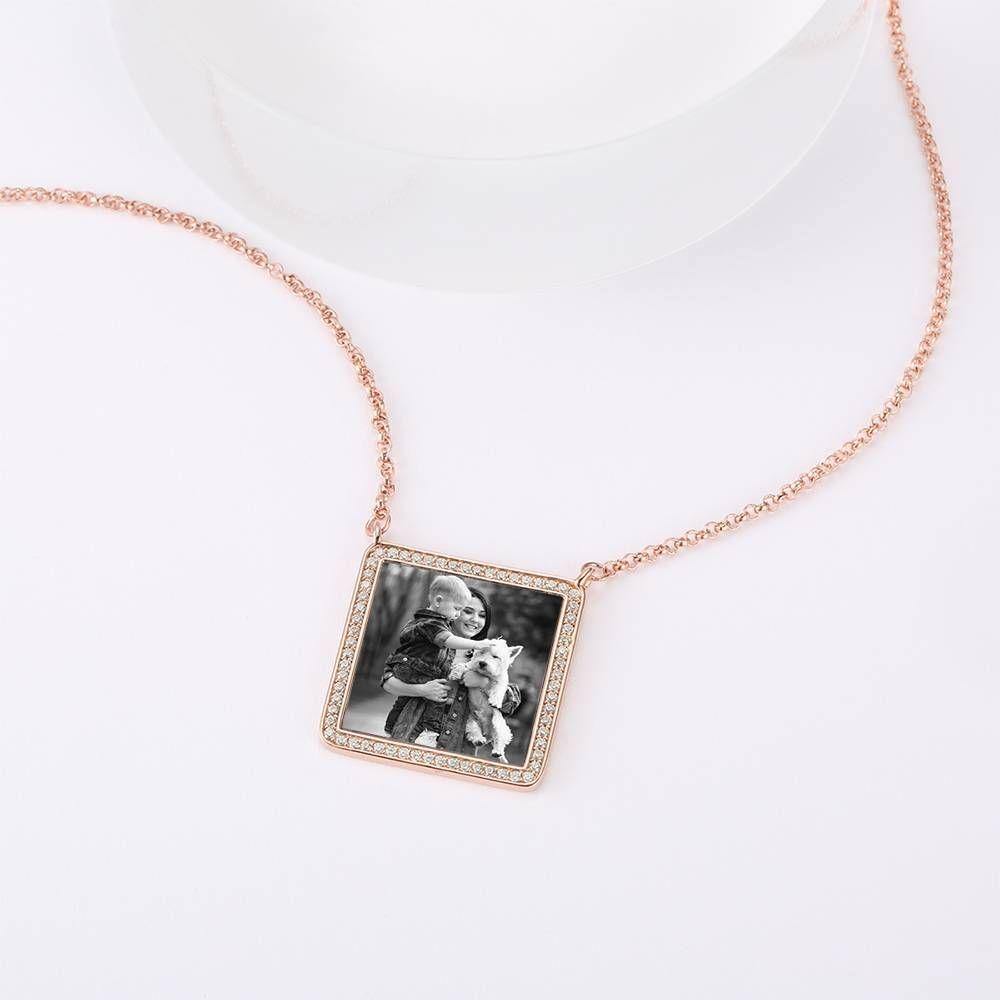 Photo Engraved Necklace Rhinestone Crystal Square Shape Unique Necklace Rose Gold Plated - Photocopying - soufeelus