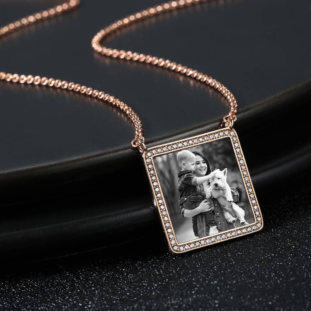 Photo Engraved Necklace Rhinestone Crystal Square Shape Unique Necklace Rose Gold Plated - Photocopying - soufeelus