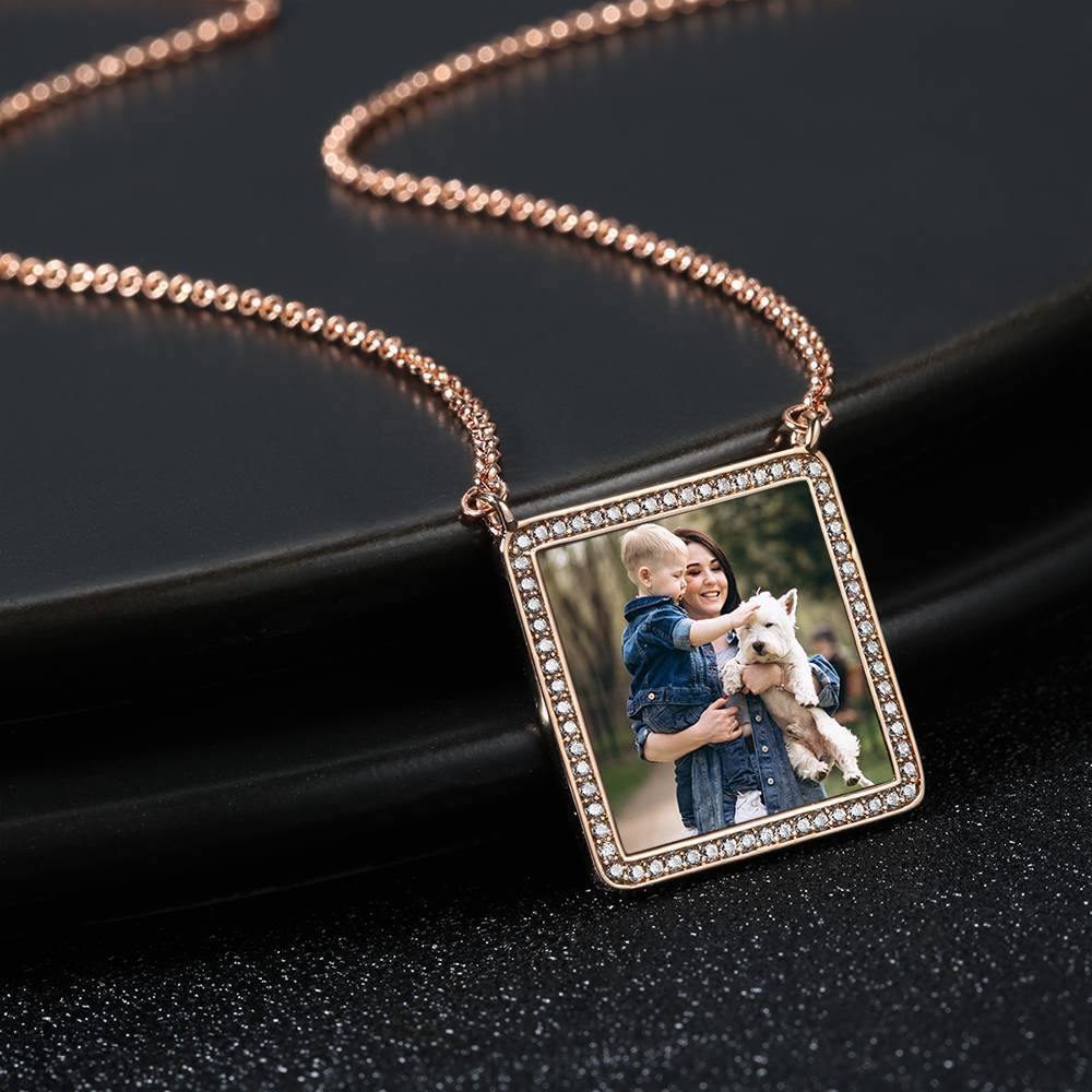 Photo Engraved Necklace Rhinestone Crystal Square Shape Photo Necklace Rose Gold Plated - Colorful - soufeelus