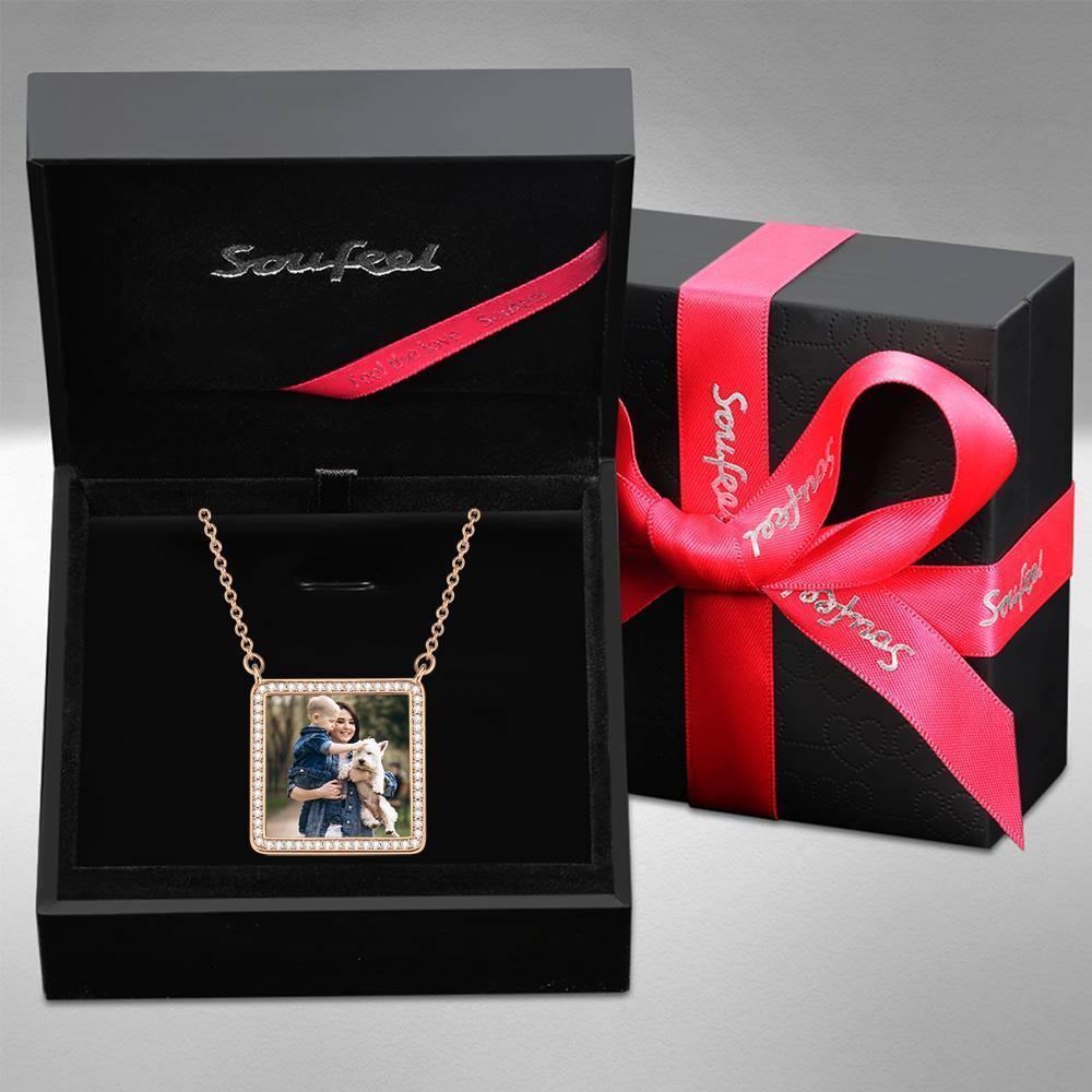 Photo Engraved Necklace Rhinestone Crystal Square Shape Photo Necklace Rose Gold Plated - Colorful - soufeelus