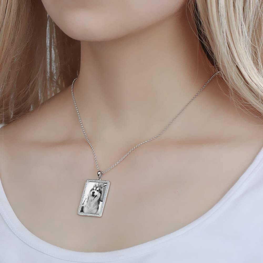 Photo Engraved Necklace Rhinestone Crystal, Photo Necklace Best Gift Platinum Plated Silver - Photocopying - soufeelus