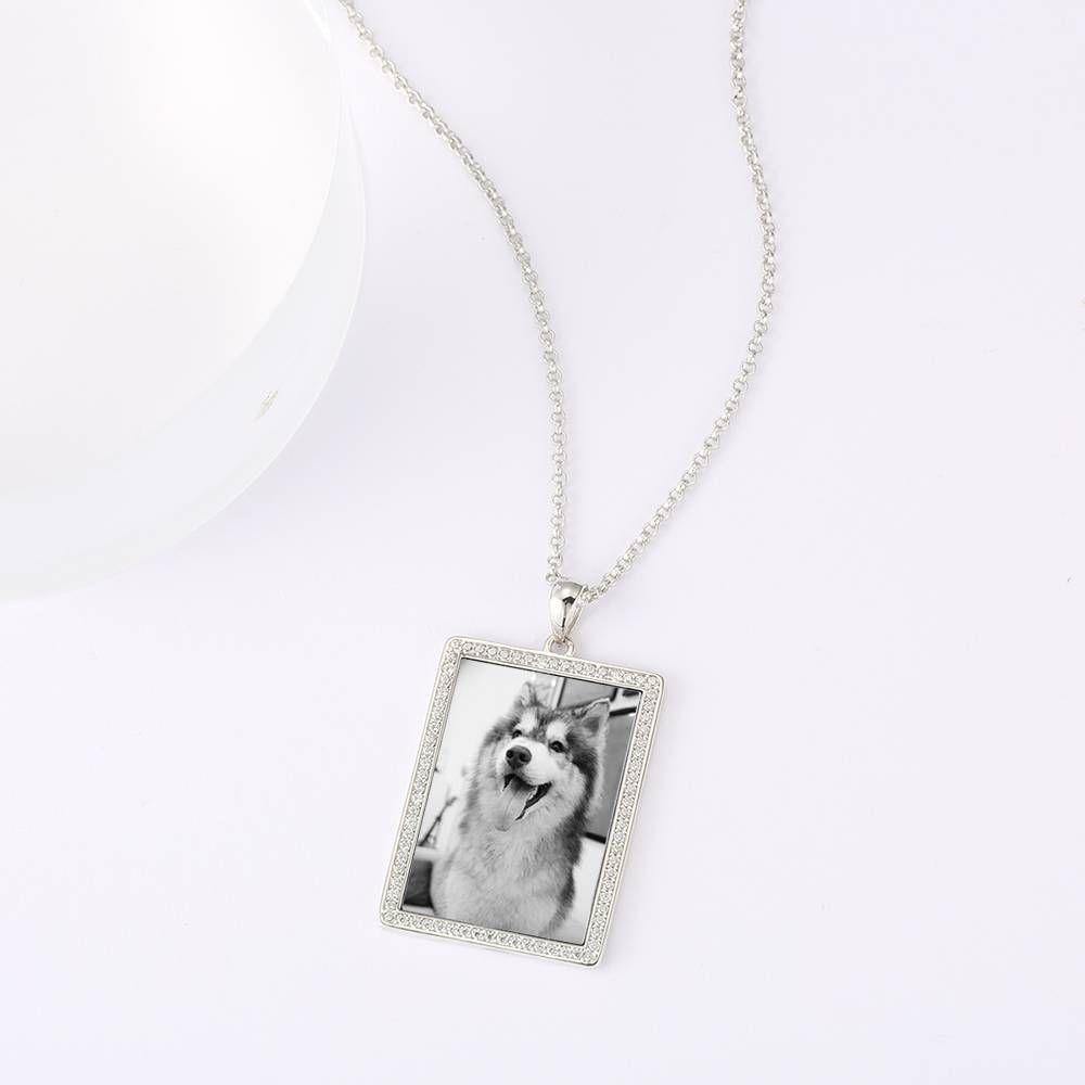 Photo Engraved Necklace Rhinestone Crystal, Photo Necklace Best Gift Platinum Plated Silver - Photocopying - soufeelus