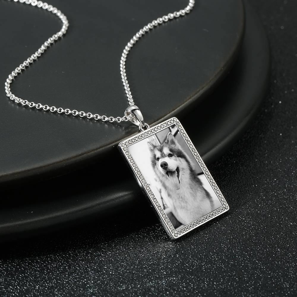 Photo Engraved Necklace Rhinestone Crystal, Photo Necklace Best Gift Platinum Plated Silver - Photocopying - soufeelus