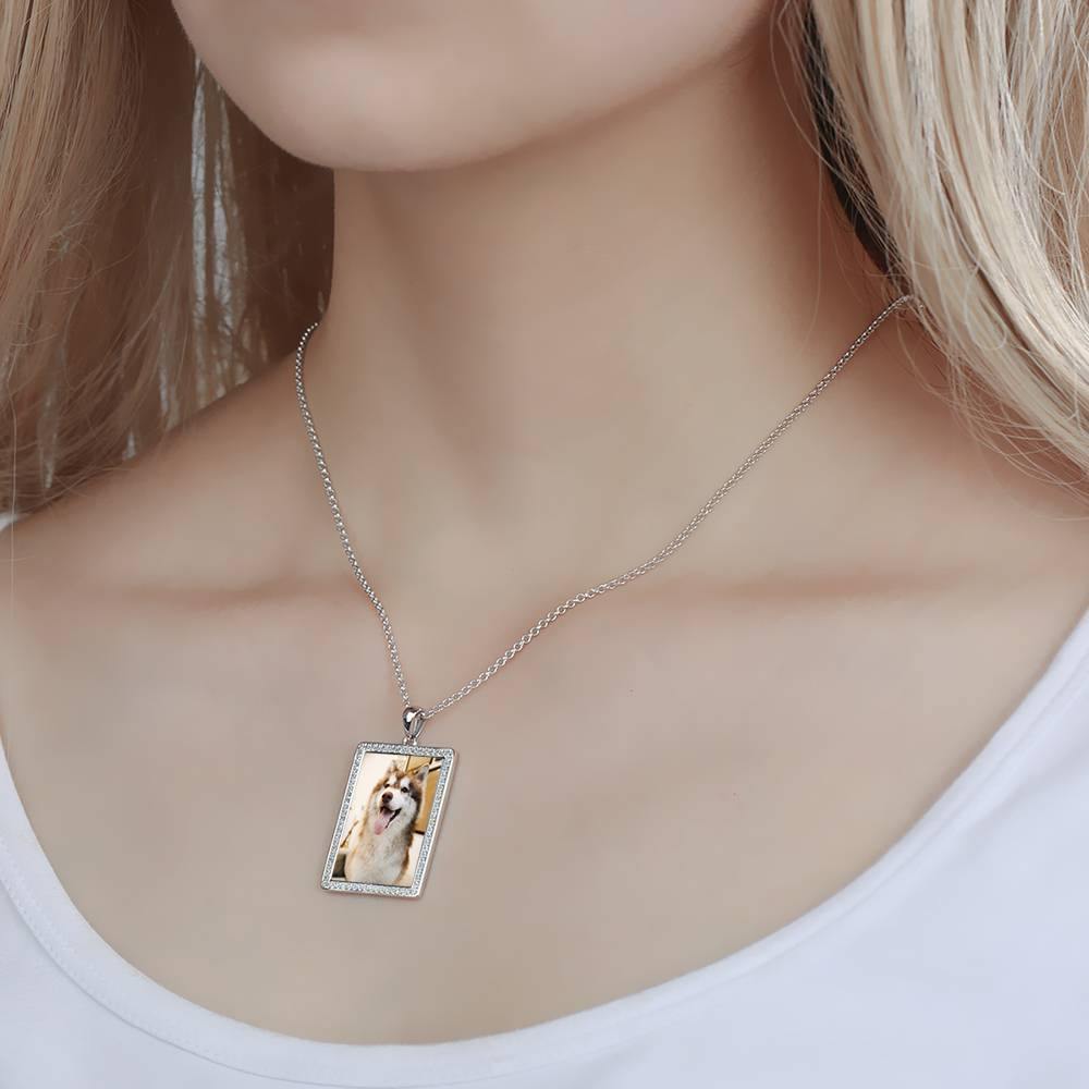 Photo Engraved Necklace Rhinestone Crystal, Photo Necklace Keepsake Gift Platinum Plated Silver - Colorful - soufeelus